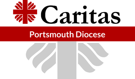 Caritas Portsmouth logo with the red caritas symbol of a red cross with sun like rays coming out from centre, with Caritas written in black next to it. Undernrath is a red line with Portsmouth Diocese written inside and below that is half of the cross / sun logo shape in grey