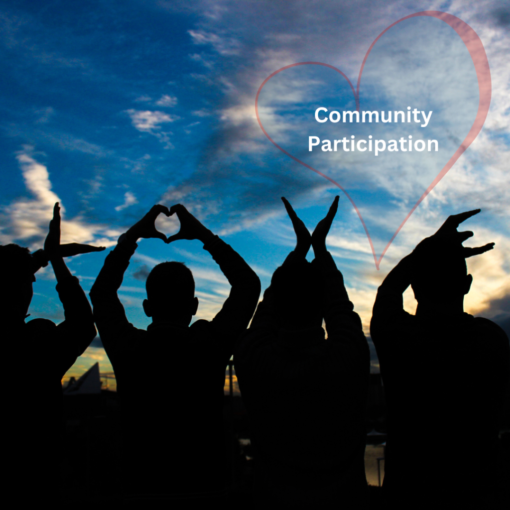Four people in a line with arms raised spelling the word love with their hands and the words community participation in white