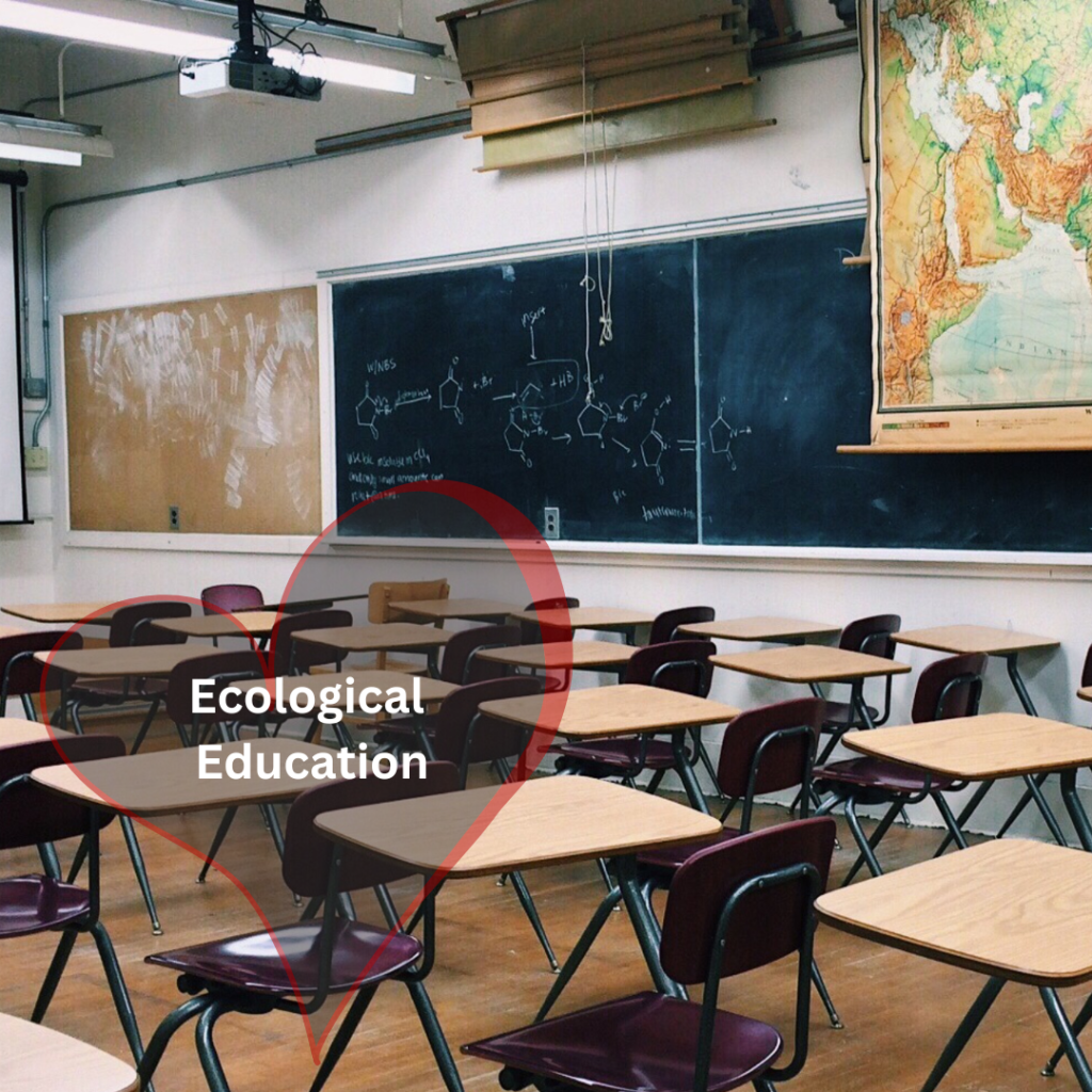 classroom of chairs and desks facing chalkboard and world map within writing Ecological education in white