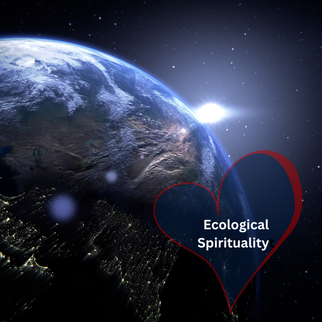 Dark blue image of the world from space with the words Ecological Spirituality written in white