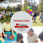 4 pictures of children playing, the top left, they are sitting under a tree, top right they are chasing balloons, bottom left they are doing some paper craft activities and bottom right they are doing some baking. In the middle is a grey circle with the words Holiday clubs in red with the Caritas logo.