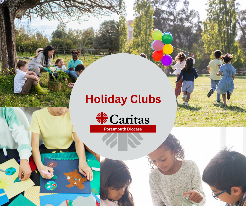 4 pictures of children playing, the top left, they are sitting under a tree, top right they are chasing balloons, bottom left they are doing some paper craft activities and bottom right they are doing some baking. In the middle is a grey circle with the words Holiday clubs in red with the Caritas logo.