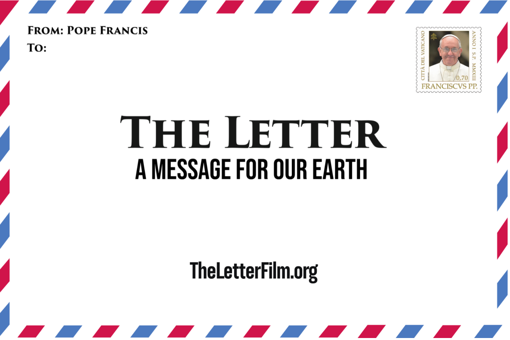 picture of an airmail white envelope with The Letter, A message for Our Earth printed on it.