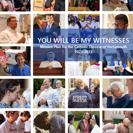 A series of small square pictures in a grid, each showing different activities connected with church. A white title on a blue background says You Will Be My Witnesses.